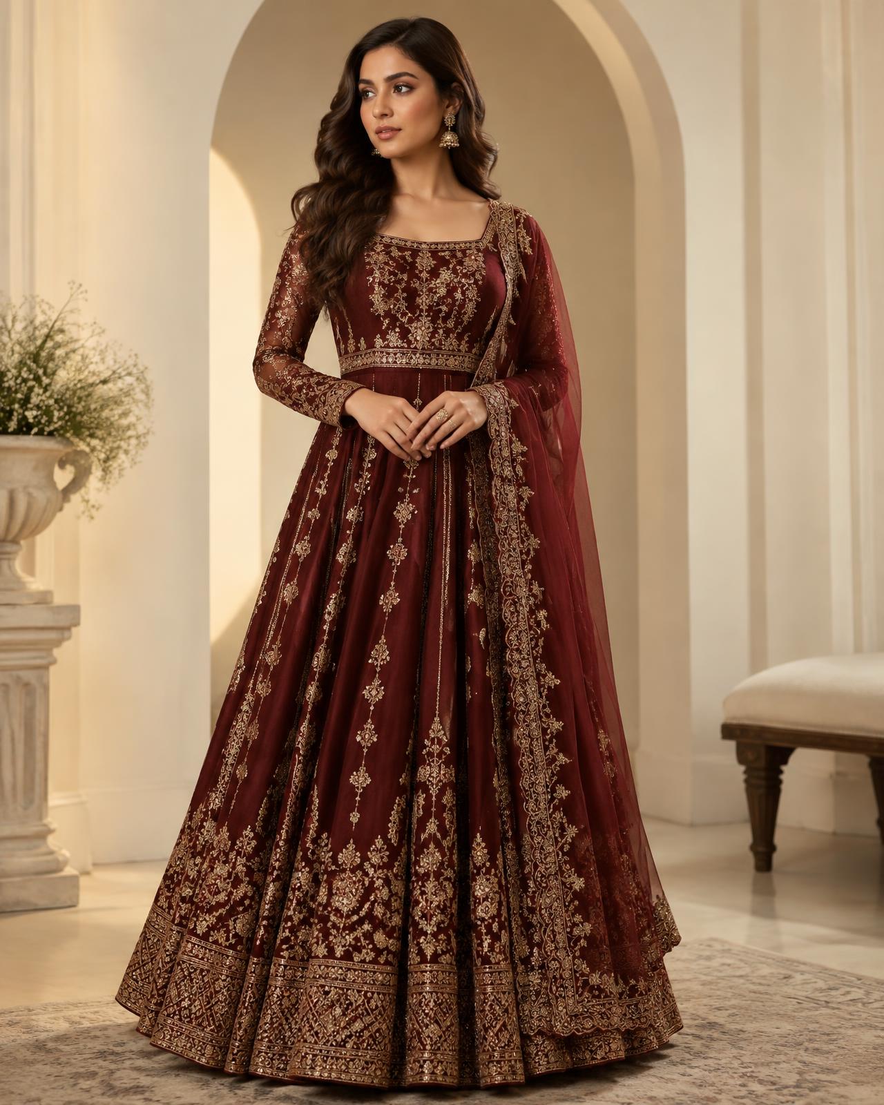 Wine anarkali gown by Vianah Studio